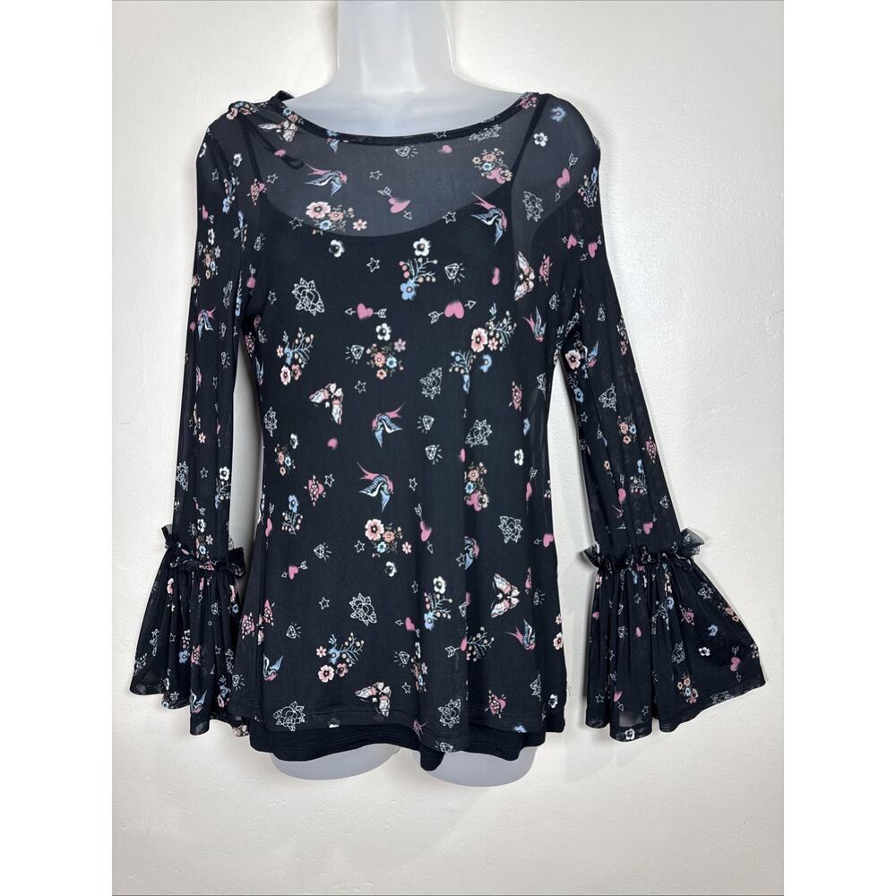 Womens Sheer Mesh Flare Sleeve Top Ruffle Y2K 90s Whimsigoth Fairy Grunge M